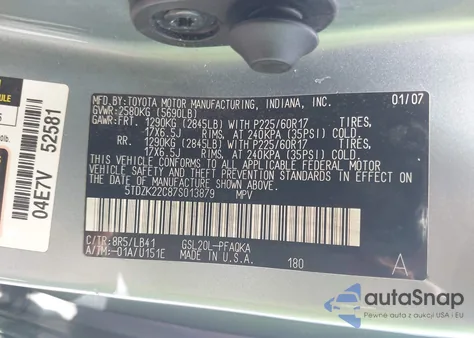 2007 Toyota Sienna Xle z USA, uszkodzony, nr VIN 5TDZK22C87S013879